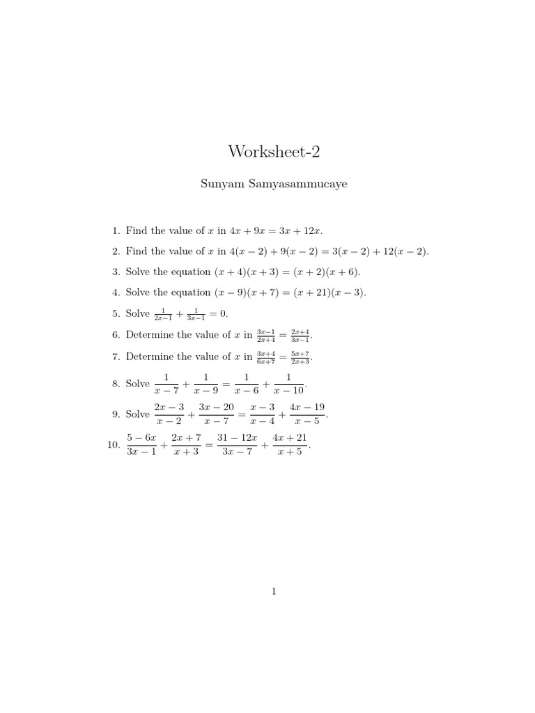 Algebraic Equation Solutions Worksheet | PDF
