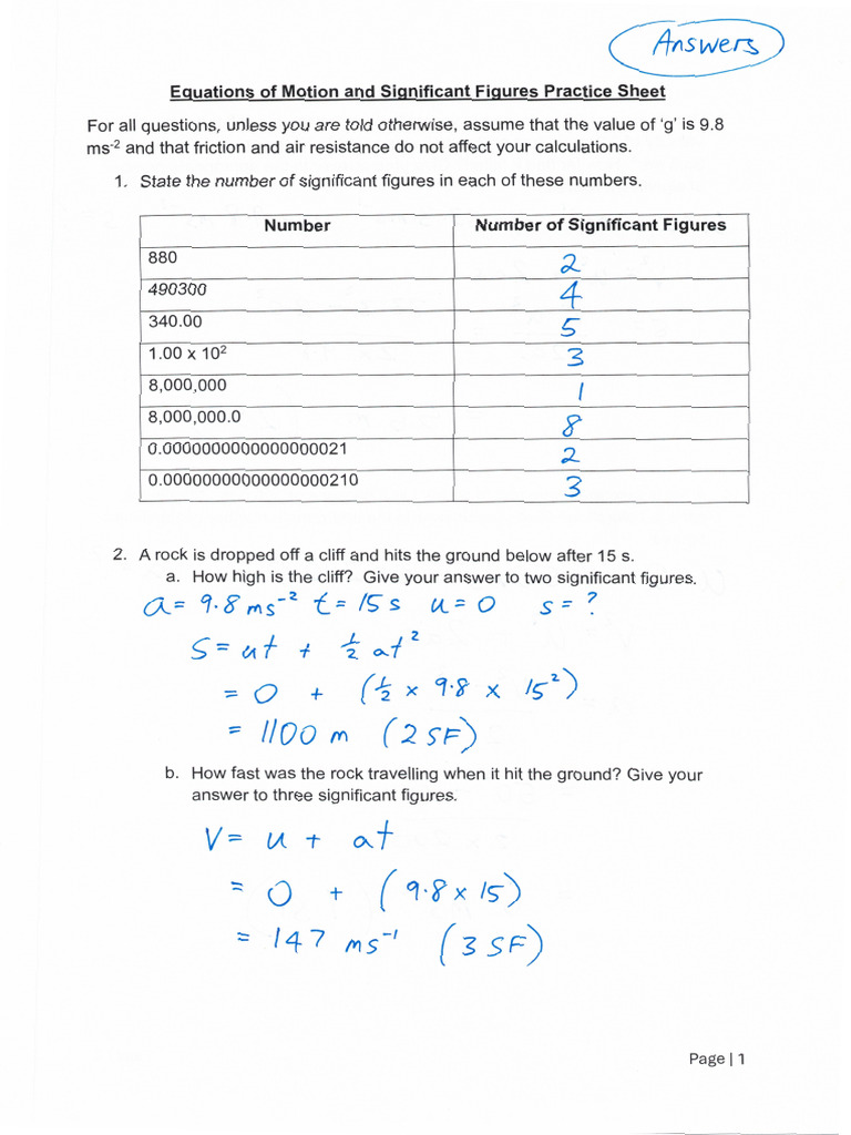 Equations of Motion and Significant Figures Practice Sheet ANSWERS ...