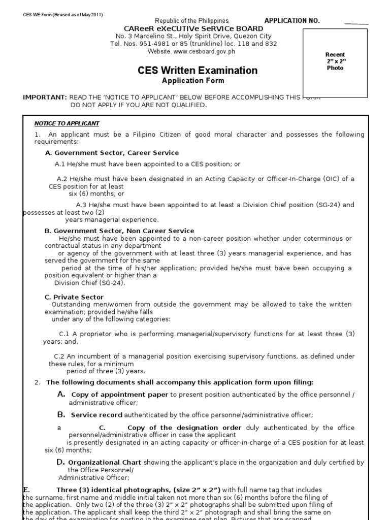 CES Written Exam Application Form | PDF | Identity Document ...