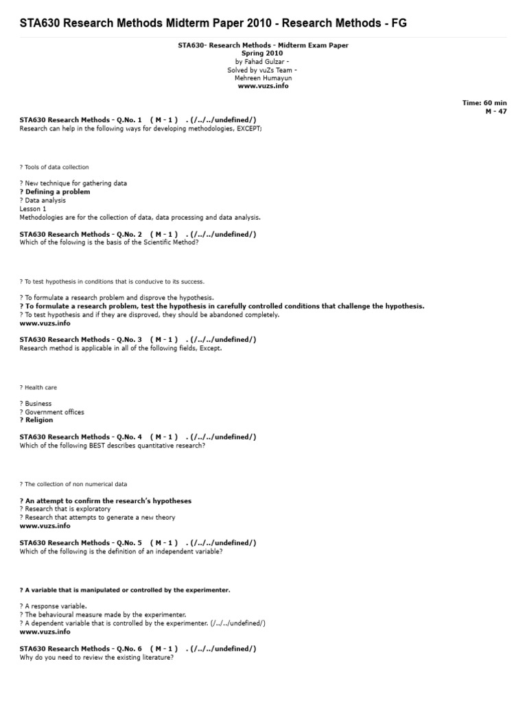 STA630 Research Methods Midterm Paper 2010 - Research Methods - FG ...