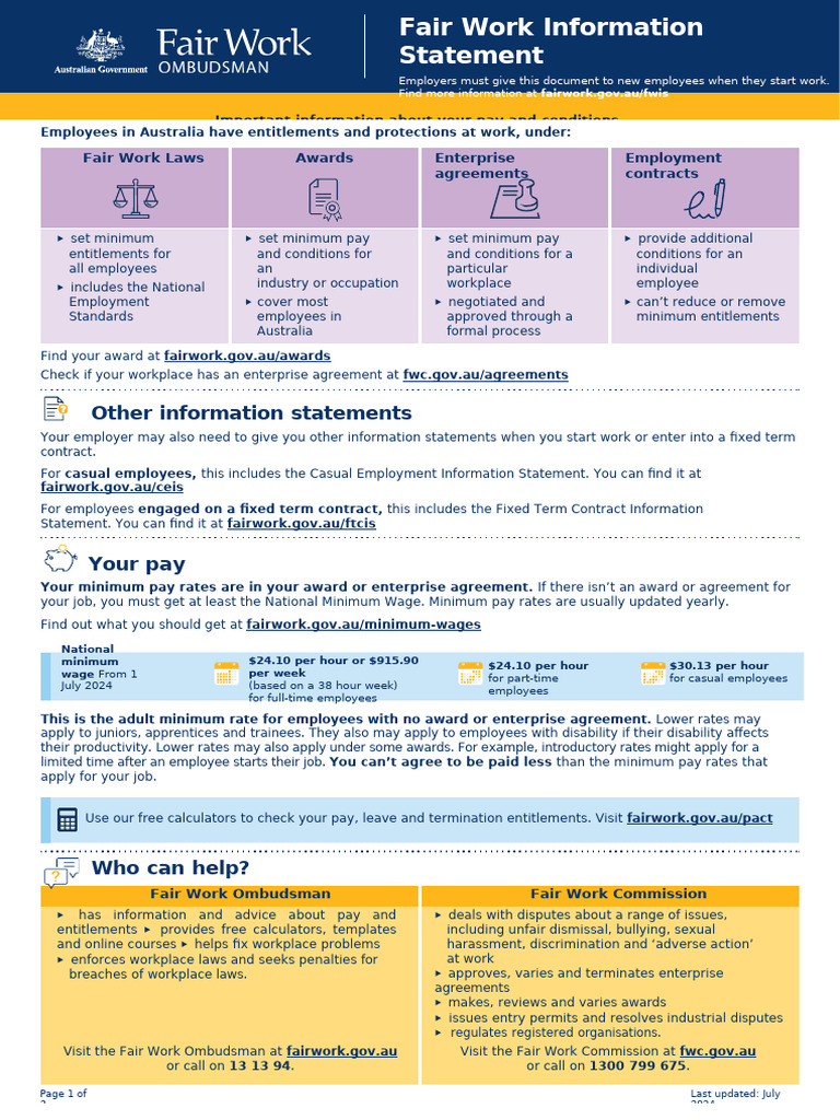 Fair Work Information Statement Overview | PDF | Employment | Minimum Wage