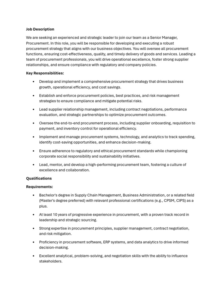 Senior Procurement Manager Overview | PDF | Procurement | Economies