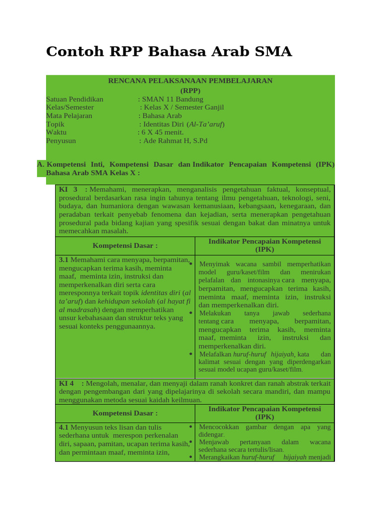 RPP Bahasa Arab Kelas X: Identitas Diri | PDF