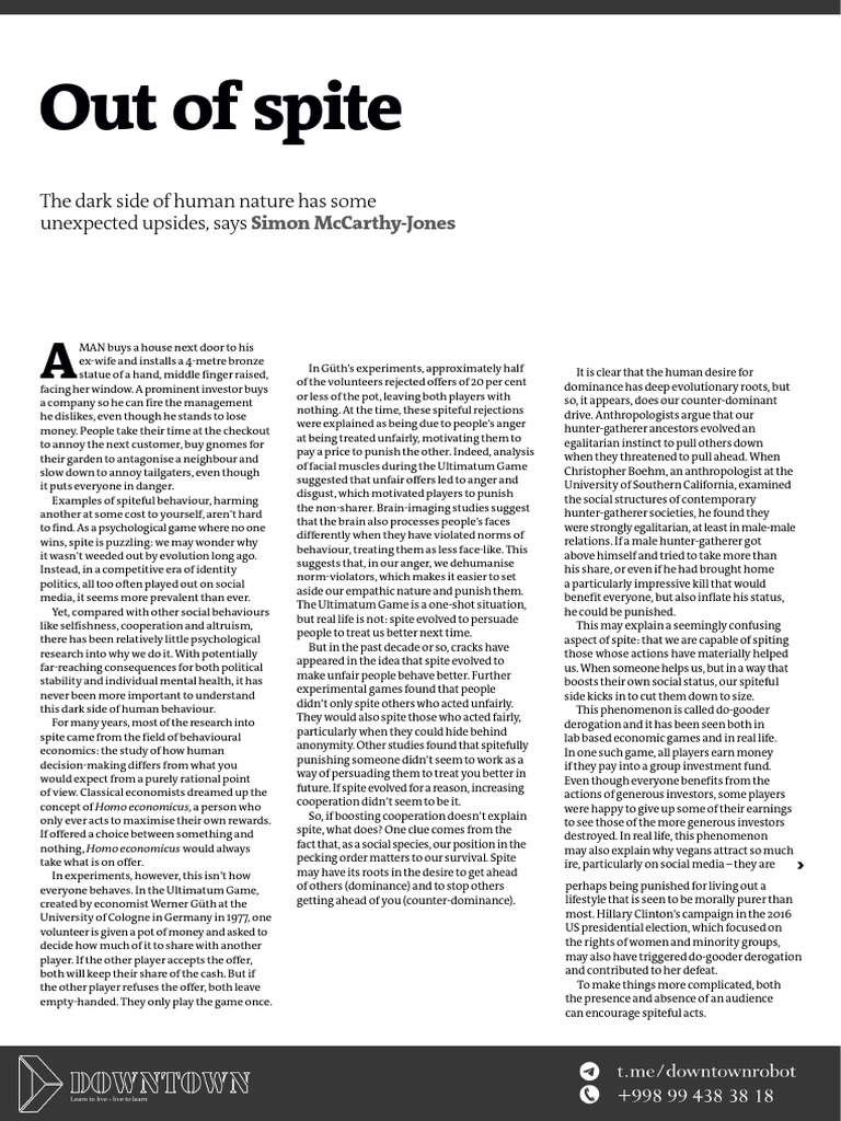 The Evolution and Impact of Spite | PDF | Cooperation | Psychological ...