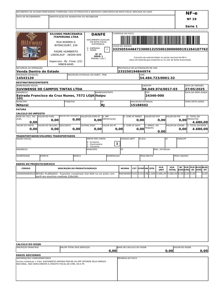 Nota Fiscal Eletrônica - Suvinense Tintas | PDF | Recibo | Business