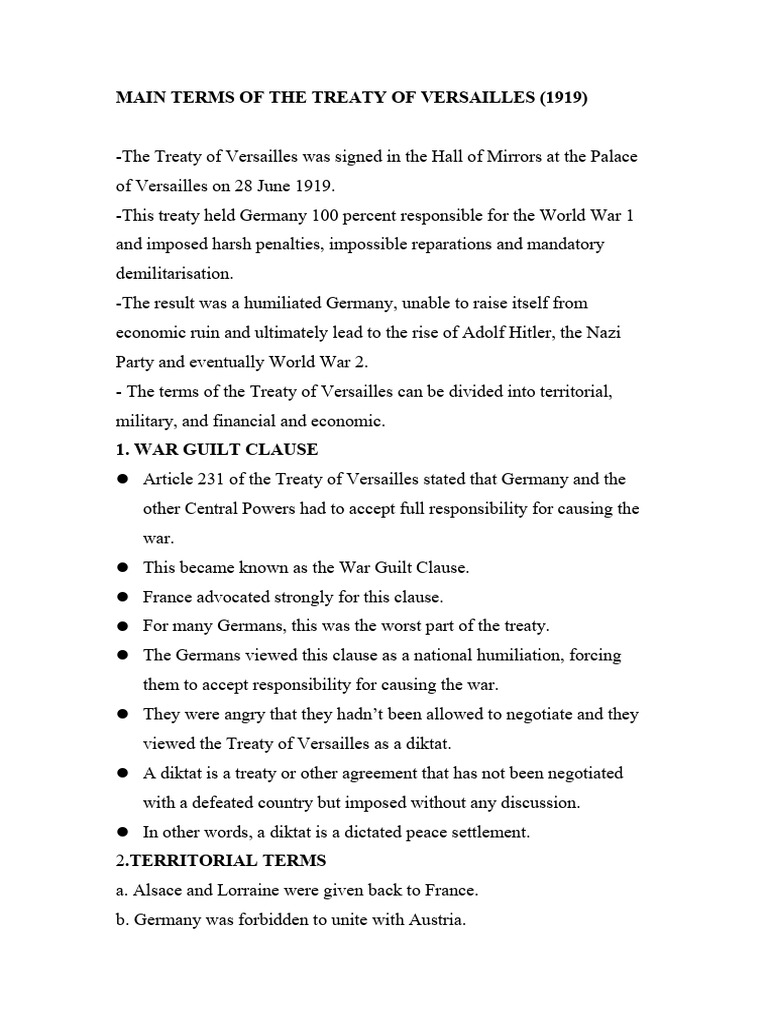 Main Terms of The Treaty of Versailles (1919) | PDF | Treaty Of ...