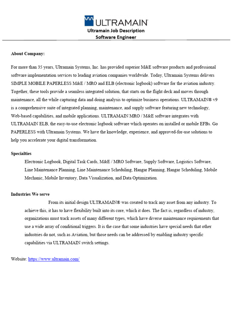 Software Engineer Job Description at Ultramain | PDF | Software ...