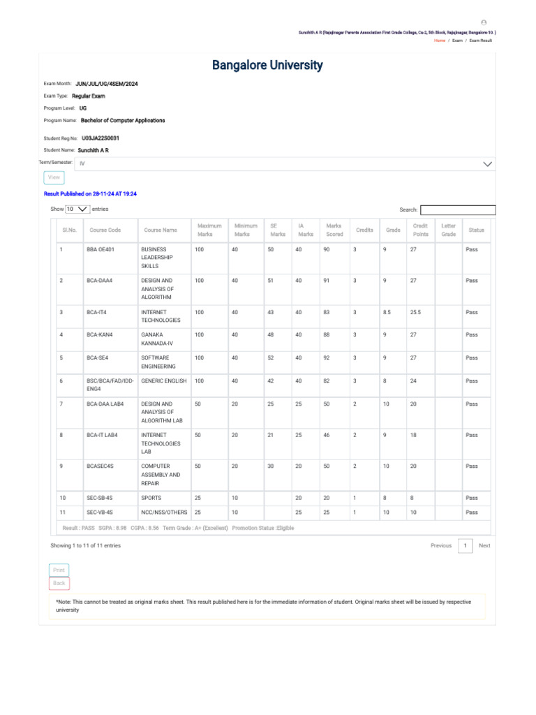 BCA 4th Semester Exam Results 2024 | PDF | Educational Stages | Computing