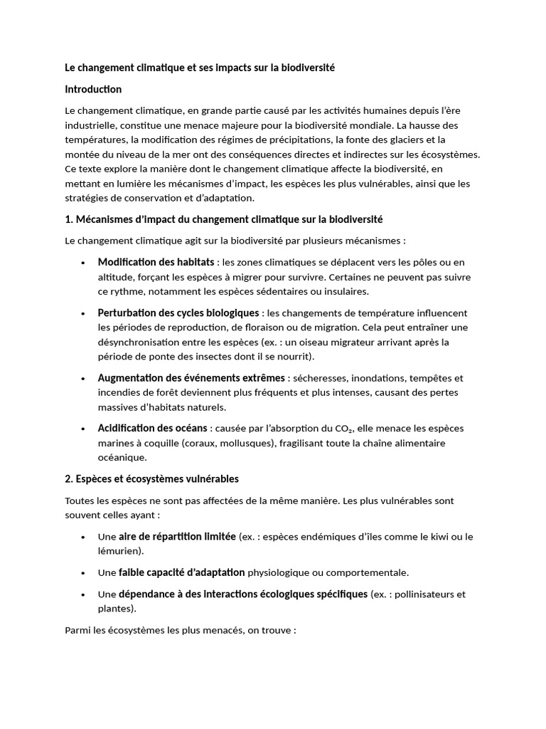 Impact du changement climatique sur la biodiversité | PDF | Changement ...
