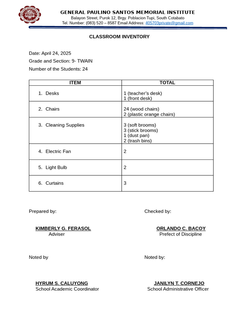 Classroom Inventory for Grade 9-Twain | PDF