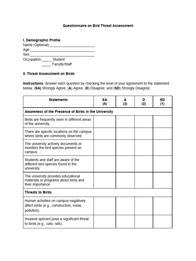 Bird Threat Assessment Questionnaire | PDF | Birds | Environmental Issues