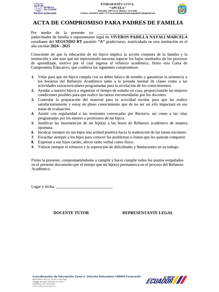 Fromato Acta de Compromiso para Padres de Familia 2024-2025 | PDF ...