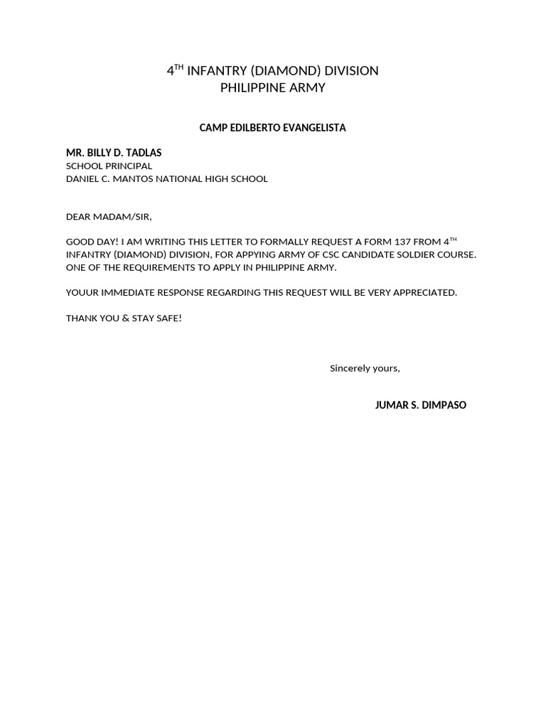 Request for Form 137 for Army Application | PDF
