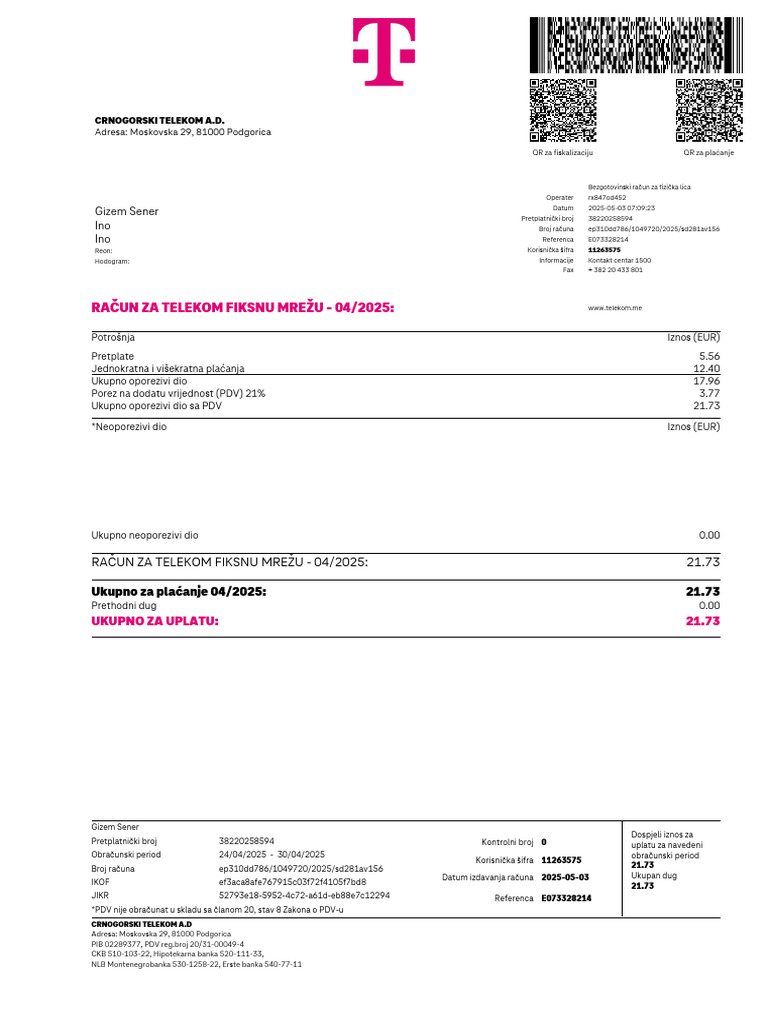 Racun Telekom E073328214 202504 | PDF