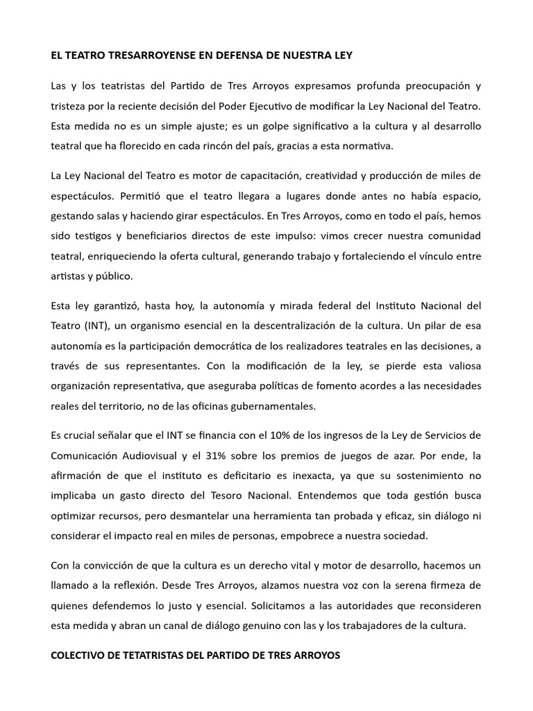 El Teatro Tresarroyense en Defensa de Nuestra Ley | PDF