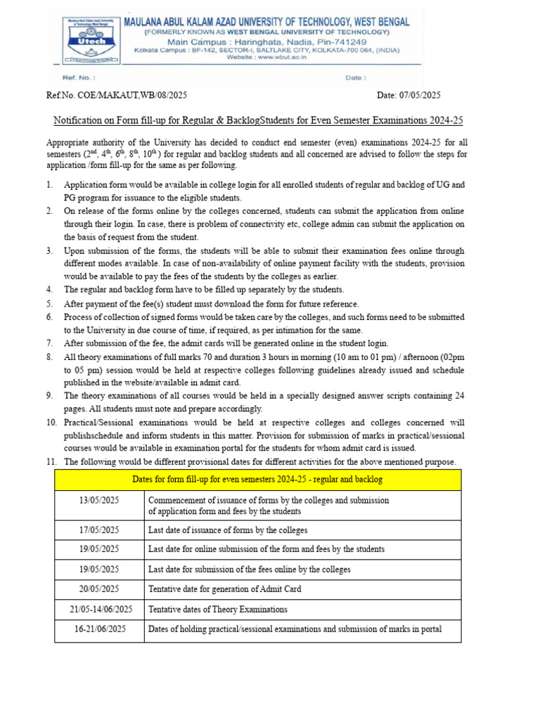 Notice On Form Fill-Up For Regular 0 Backlog Students For Even Semester ...