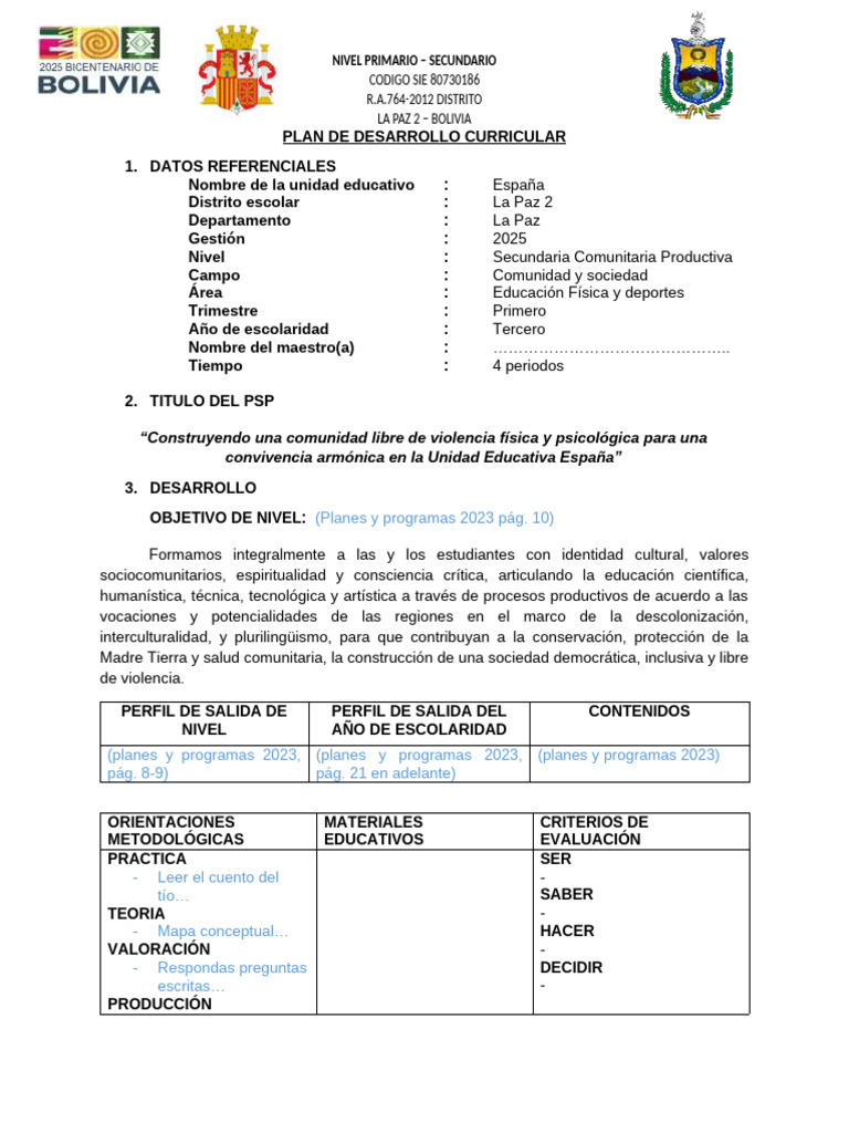 Modelo de PDC 2025 España | PDF | Educación primaria