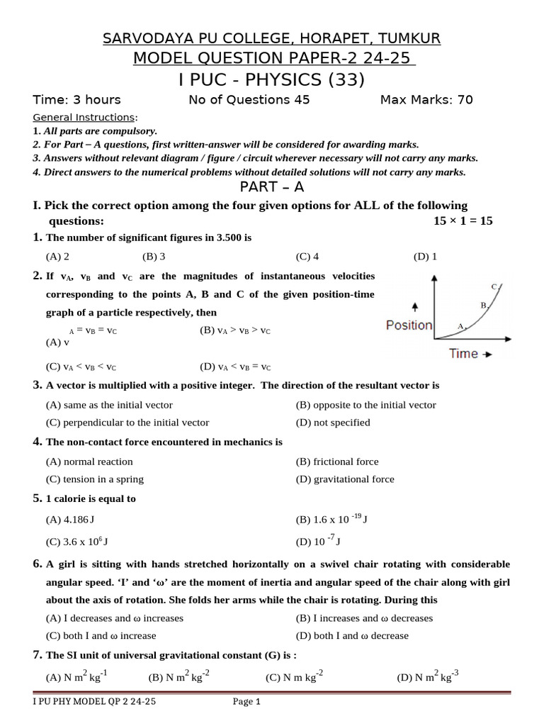 I PUC Physics Model Question Paper 2024-25 | PDF | Physics | Mechanics