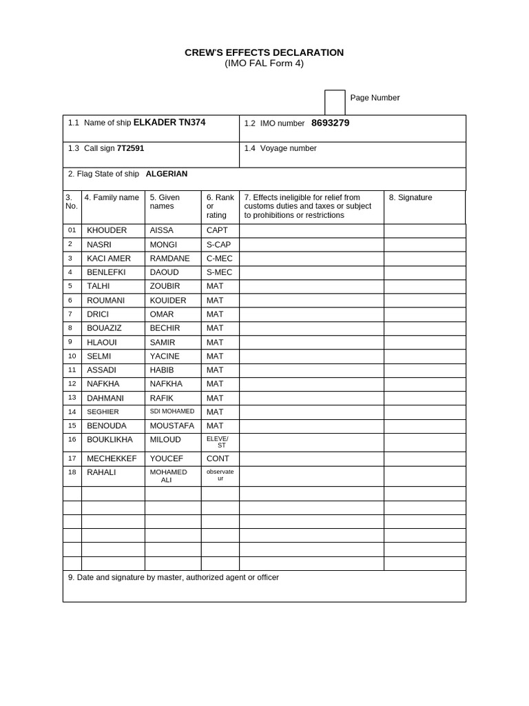 Crew Effects Declaration Form 4 | PDF