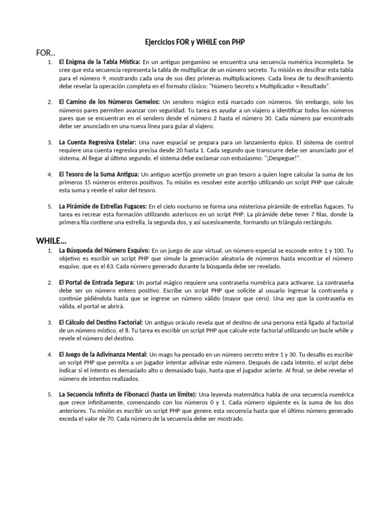 Ejercicios PHP: Bucles FOR y WHILE | PDF | Contraseña | Secuencia
