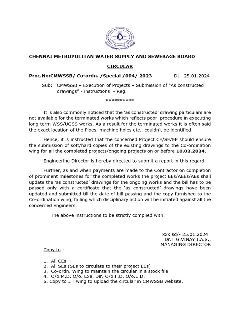 CMWSSB Instructions for As Constructed Drawings | PDF