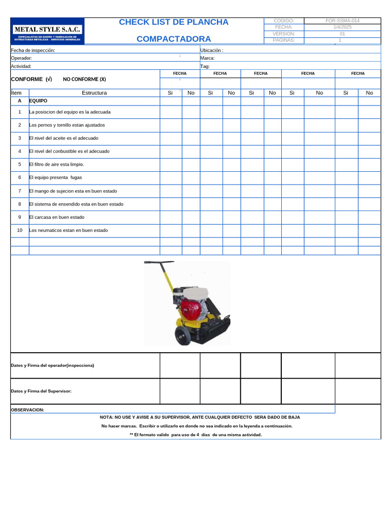 Inspección de Compactadora: Check List | PDF