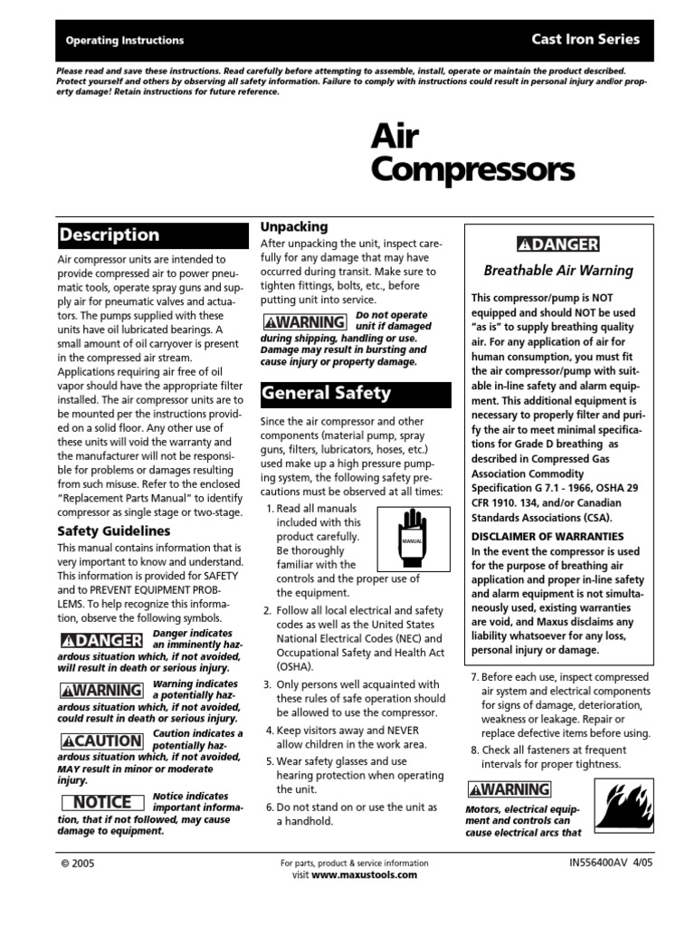 Maxus Air Compressor Safety Manual | PDF | Electric Motor | Electrical ...