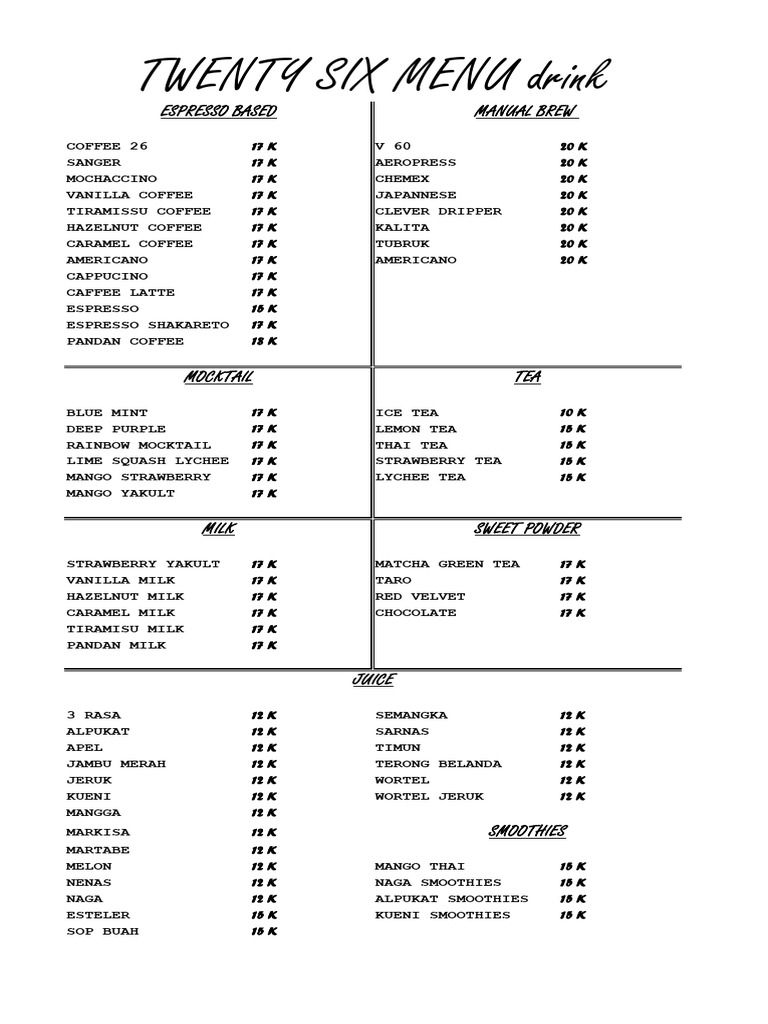 Twenty Six Menu Overview | PDF | Cuisine | Caffeinated Drinks