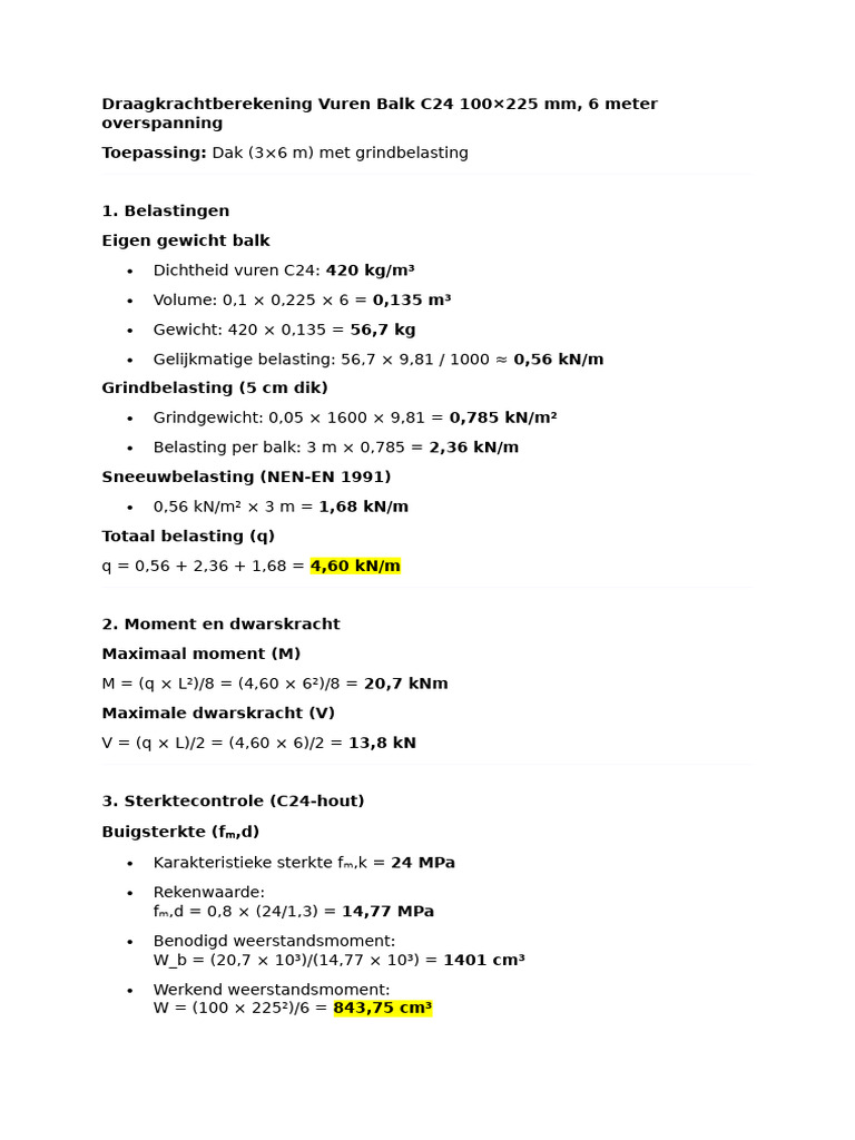 Draagkrachtberekening Vuren Balk C24 100×225 MM, 6 Meter Overspanning | PDF