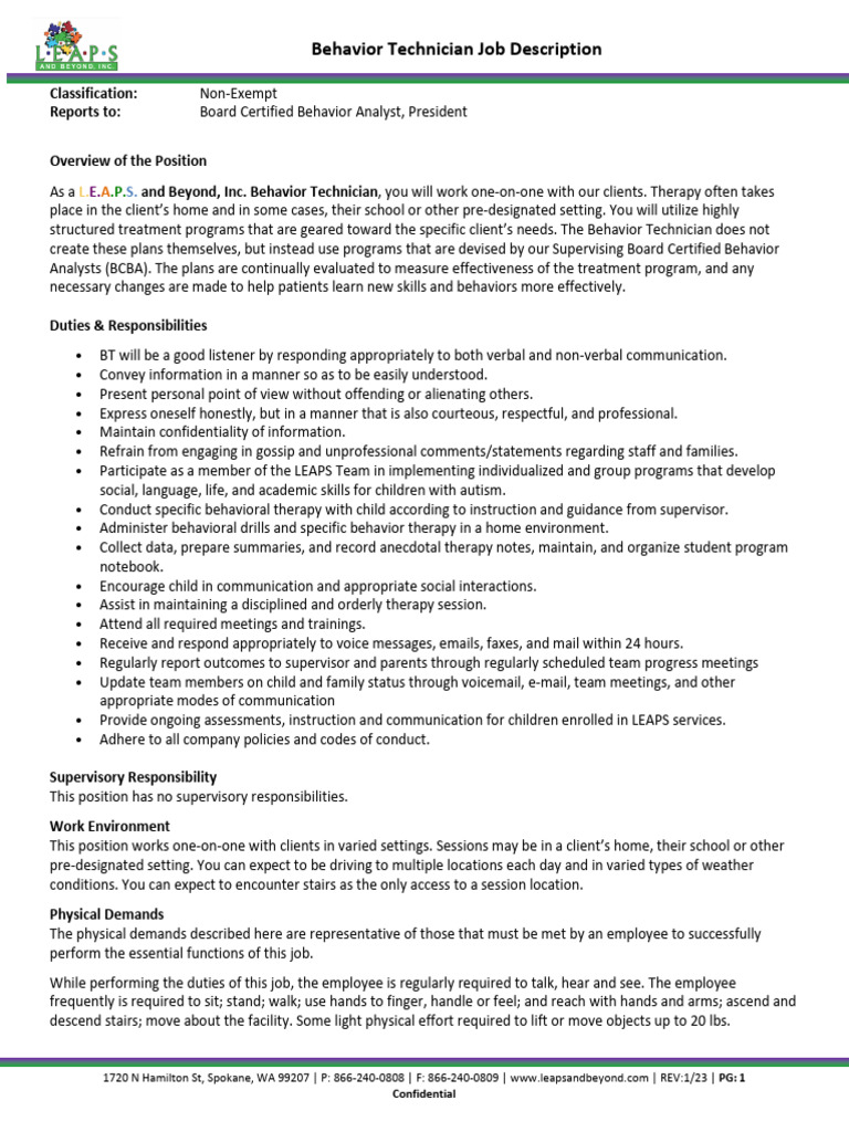 Behavior Technician Job Description | PDF | Communication | Nonverbal ...