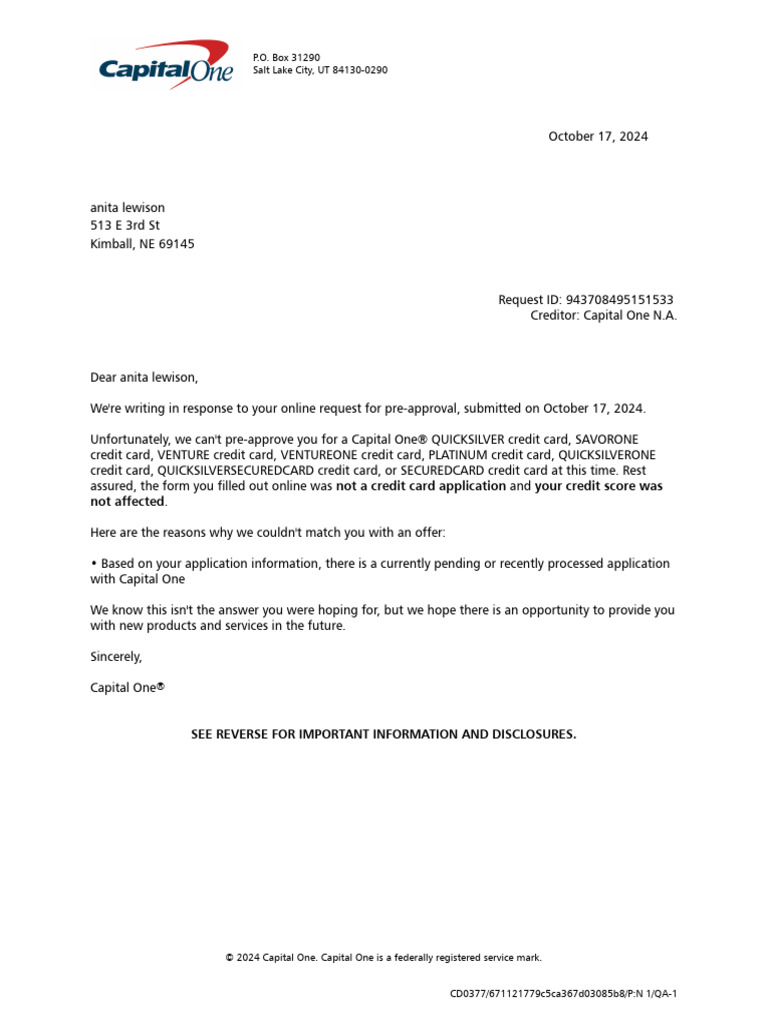 Capital One Pre-Approval Denial Notice | PDF | Capital One | Human Rights