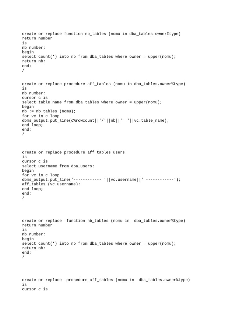 Oracle PL/SQL Procedures for Table Management | PDF
