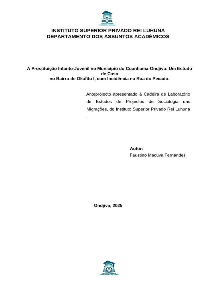 ANTE-PROJECTO - COMPLETO - ISPRL Faustino Macuva | PDF | Violência ...