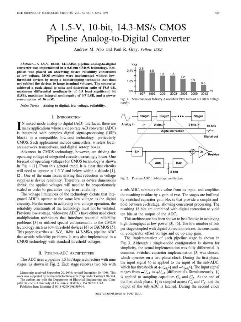 A 1.5-V, 10-Bit, 14.3-MS/s CMOS Pipeline Analog-to-Digital Converter | PDF