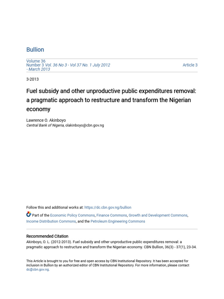 Fuel Subsidy and Other Unproductive Public Expenditures Removal | PDF