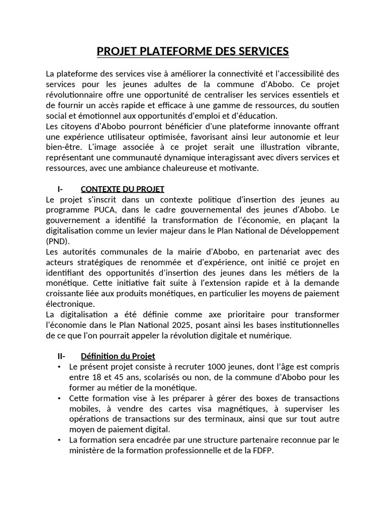 Plateforme de Services pour Jeunes à Abobo | PDF | Argent | Électronique