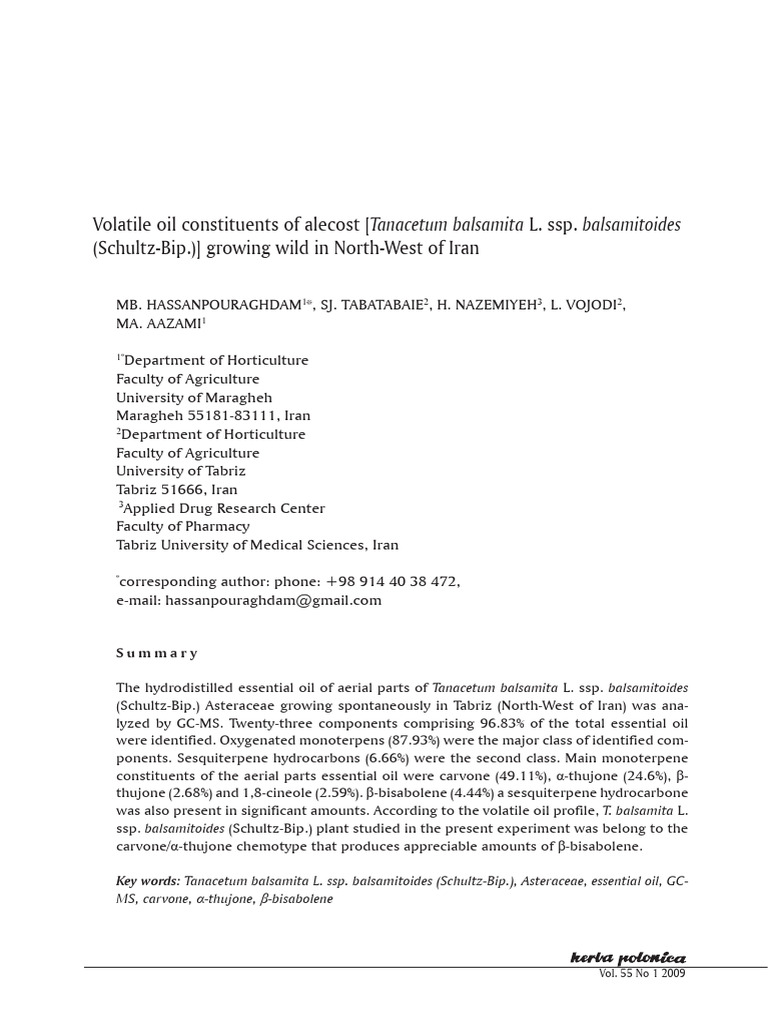 Volatile Oil Constituents of Alecost (Tanacetum Balsamita L | PDF ...
