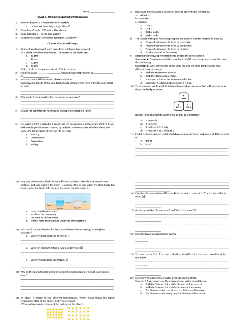 Grade 8 Science Summer Homework Guide | PDF | Water | Heat Transfer