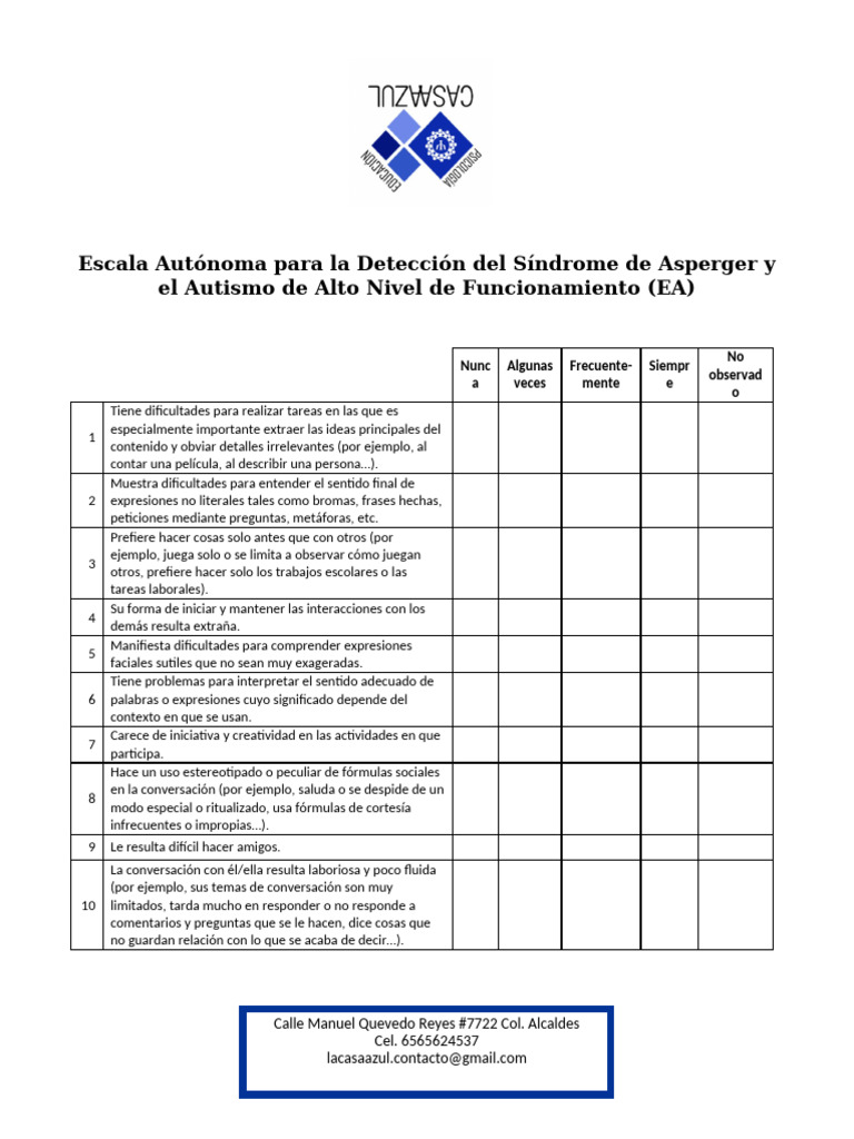 Escala Autónoma para La Detección Del Síndrome de Asperger y El Autismo ...
