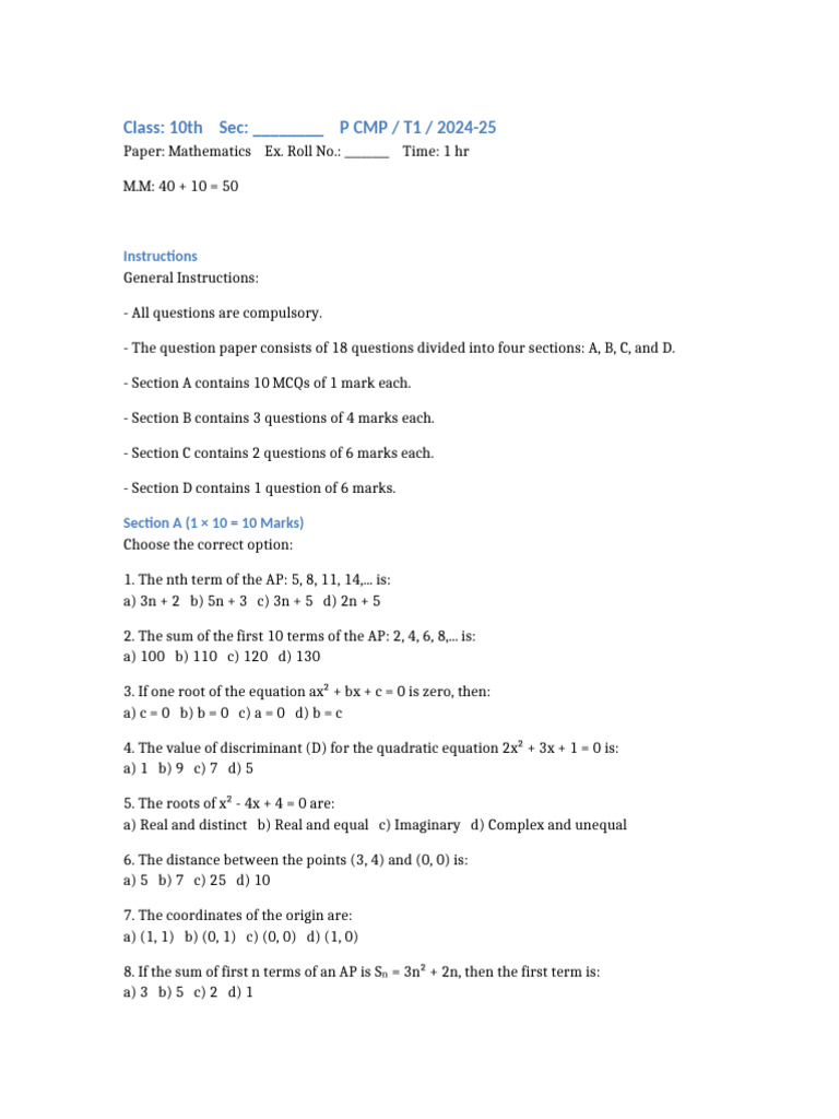 Class10 Math Test | PDF