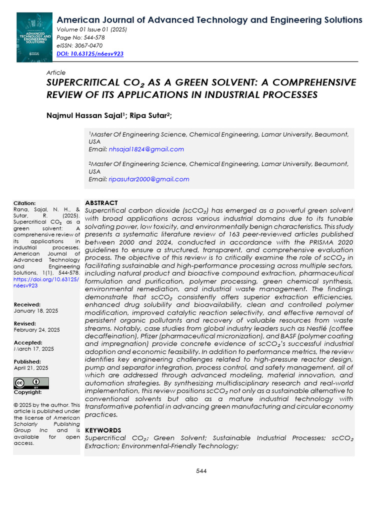 Supercritical CO2 As A Green Solvent - Najmul H Sajal Ripa Sutar | PDF ...