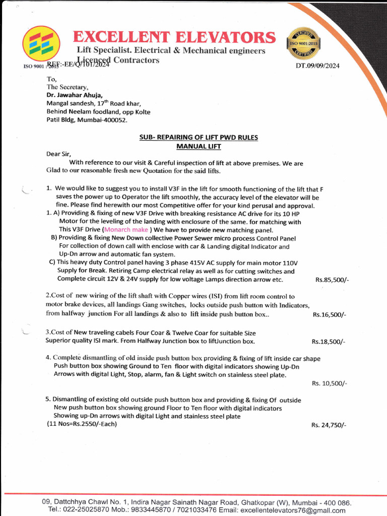 Lift Repair Quotation and Proposal | PDF | Elevator | Alternating Current