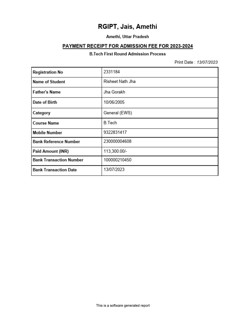 RGIPT Admission Fee Receipt 2023-2024 | PDF