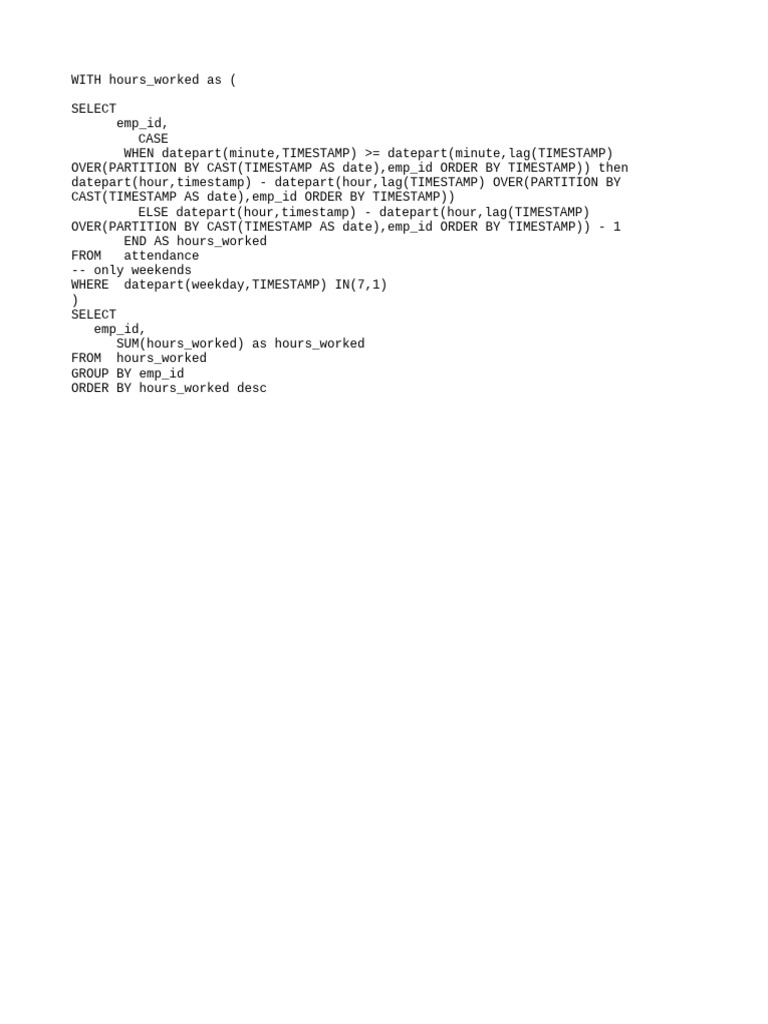 Weekend Hours Worked SQL Solution | PDF