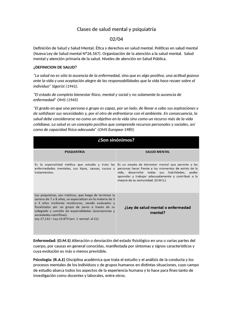 Clases de Salud Mental y Psiquiatría | PDF | Salud mental | Asistencia ...