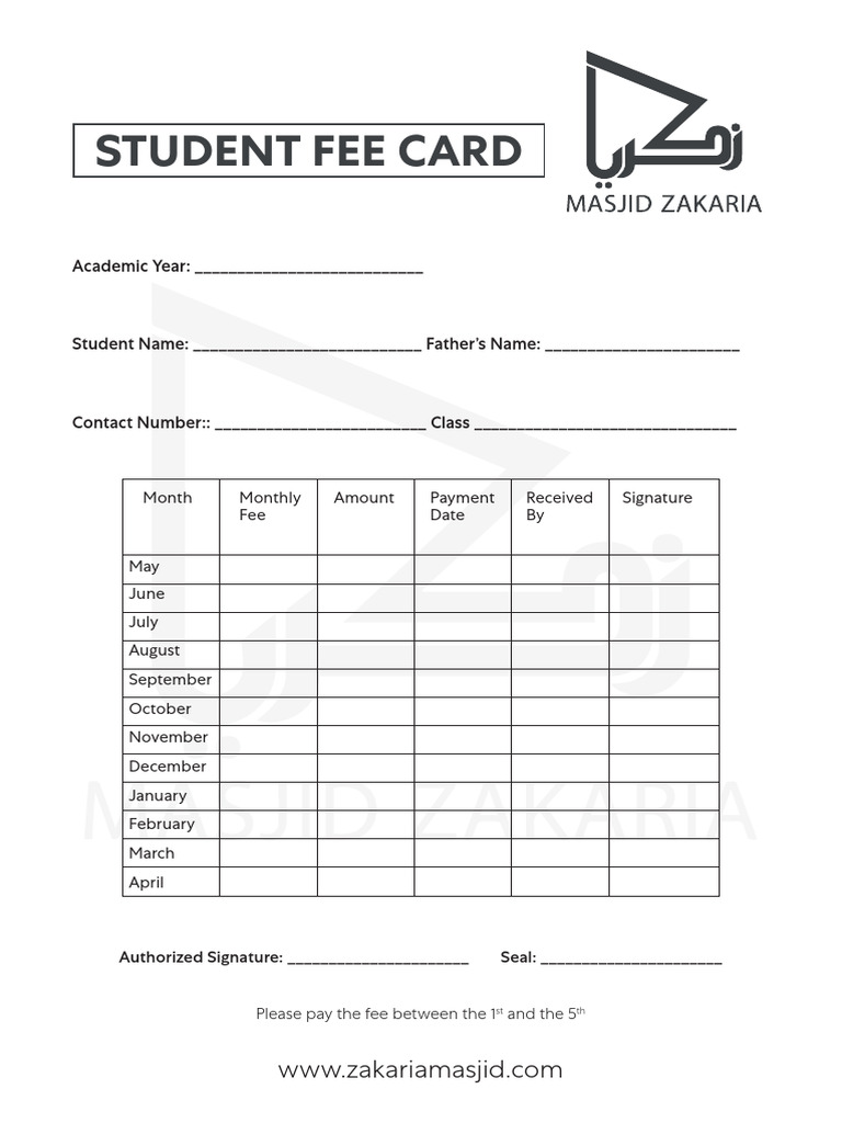 Student Fee Payment Card Template | PDF