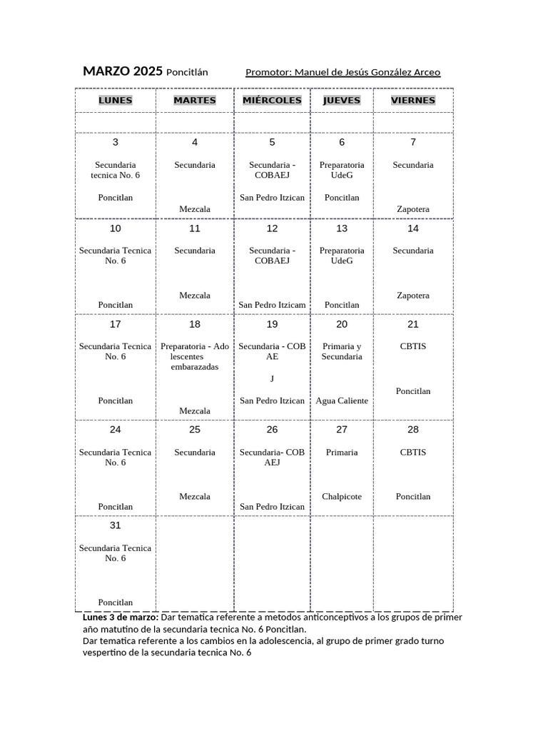 Marzo 2025 Calendario | PDF | Control de la natalidad | Ciencias de la ...