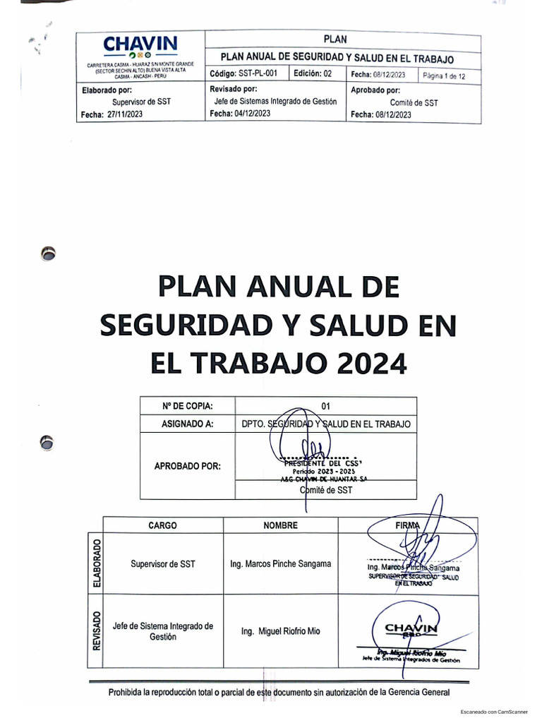 Plan de Seguridad y Salud en El Trabajo - Programa Anual de SST 2024 | PDF