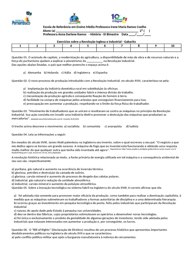 Exercício Revolução Inglesa 5 | PDF | Inglaterra | Oliver Cromwell