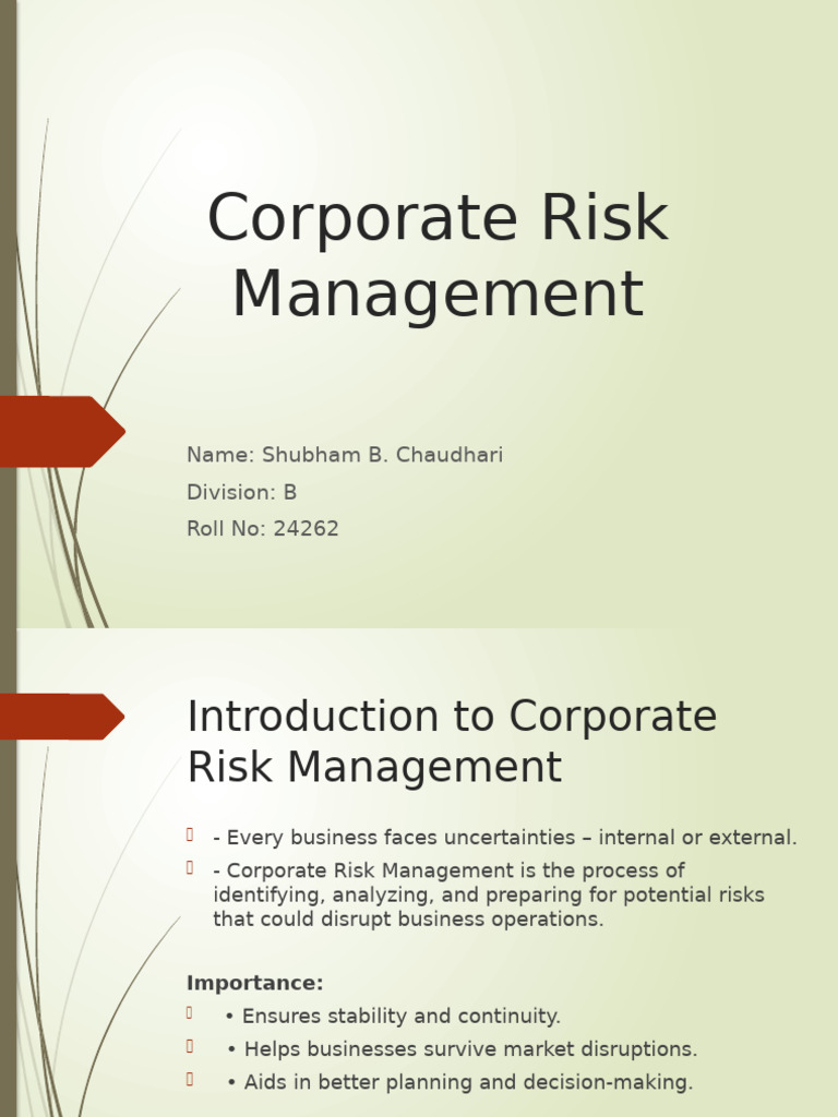 Corporate Risk Management Presentation | PDF